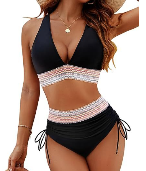 SheCurf®High Waisted Tummy Control Color Block Bikini Sets image