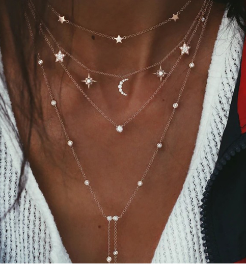 Multi-Layer Crystal Pendant Necklace Silver