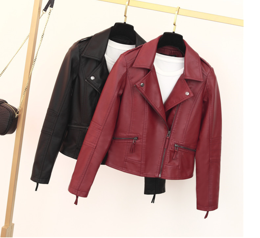 Leather women's lapel PU washed leather motorcycle women's short coat