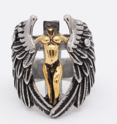 Vintage Winged Angel Cross Ring Close-up