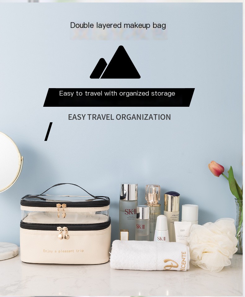 Solid Color PU Double Layer Cosmetic Bag - Black