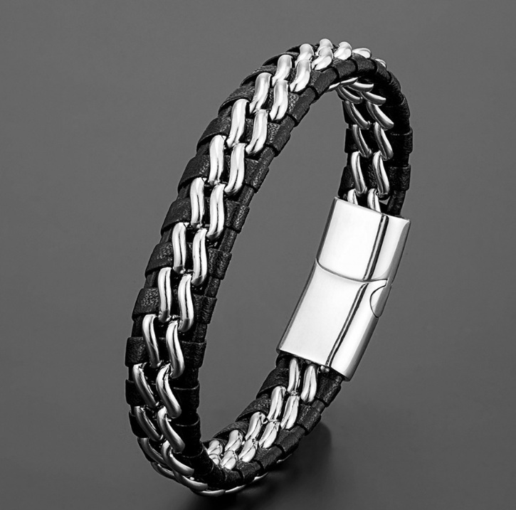 Modieuze leren en stalen armband