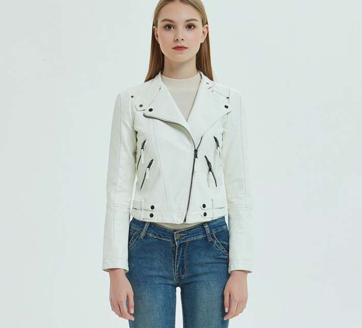 Pu leather white slim with zipper fleece ladies summer jacket