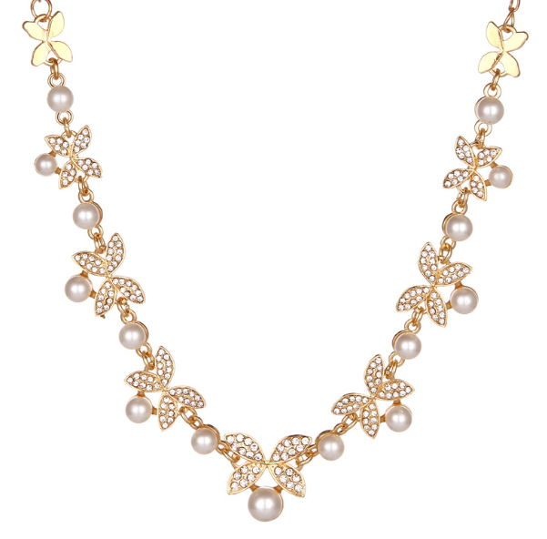 Korean Pearl Clover Necklace and Earring Set - Silver