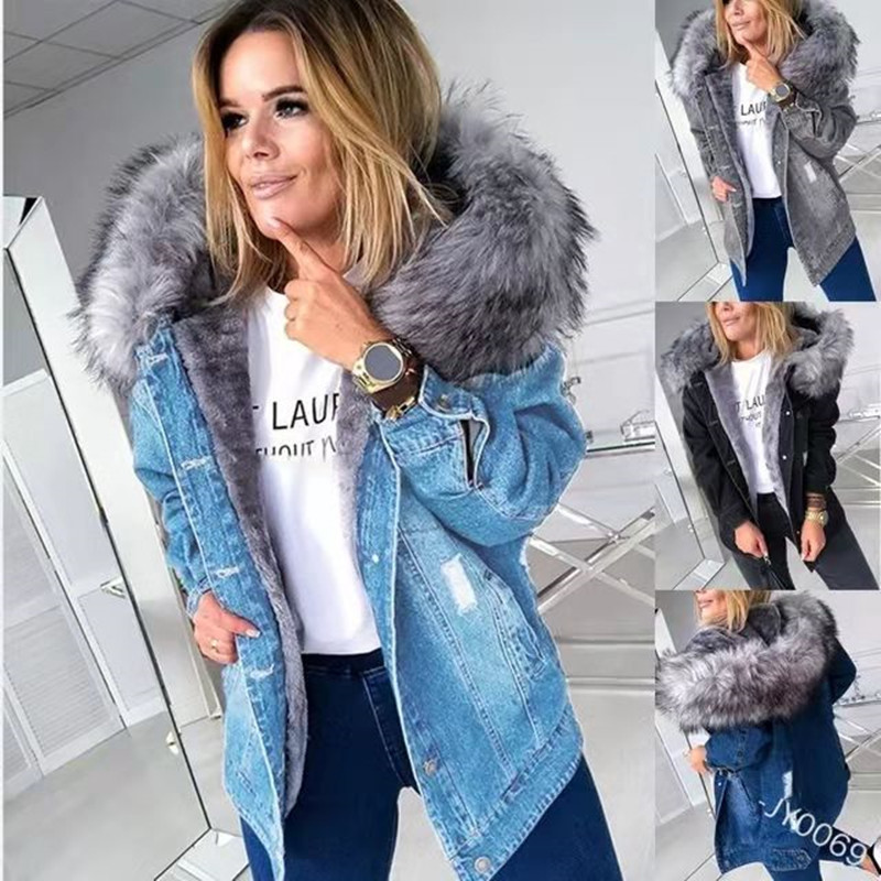 2023wish European and American Coat Amazon New Velvet Collar Denim Women's Thickened Cotton Cross-border Denim image