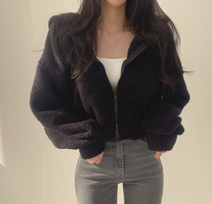 Academy Retro Solid Lamb Wool Casual Jacket Top - Zipper Detail
