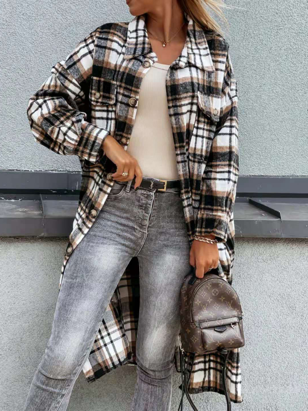 European And American Loose Blue And White Plaid Woolen Long Coat 5