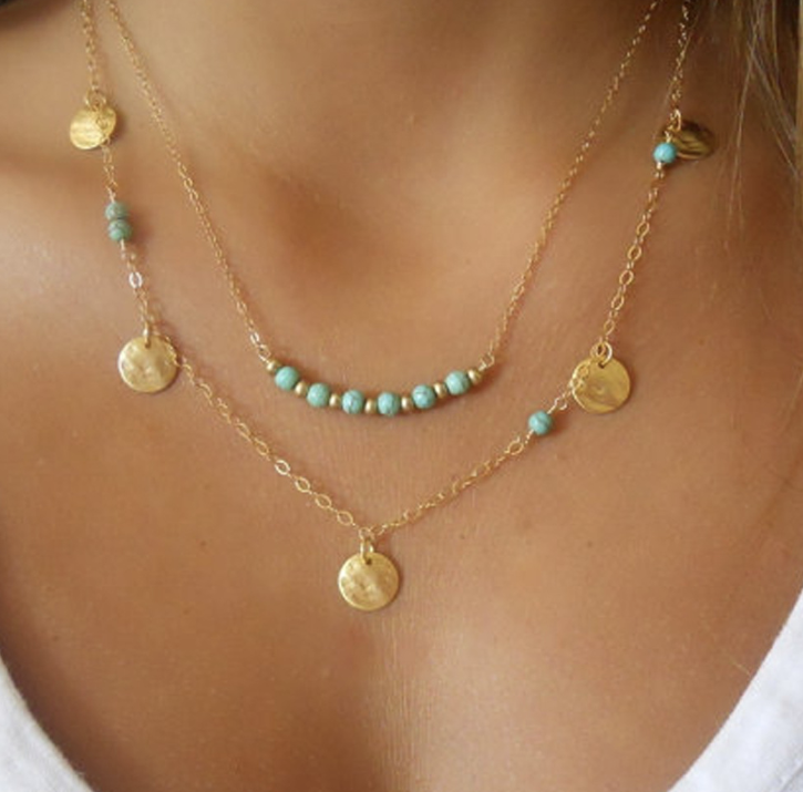 Multi-layered round turquoise pendant necklace