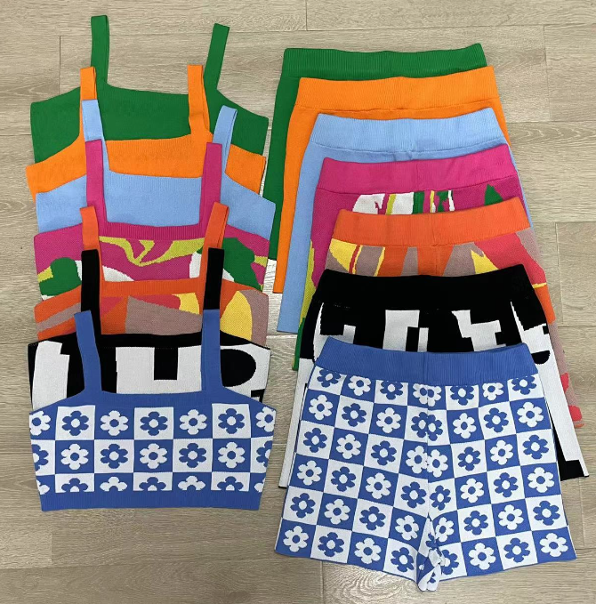 Summer Knitted Print Sports Shorts Suit