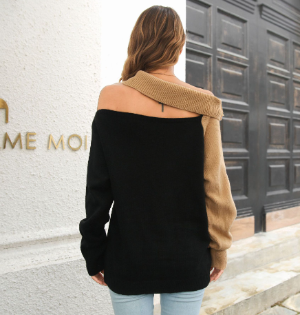 Khaki and Black Off-Shoulder Sweater Image 3