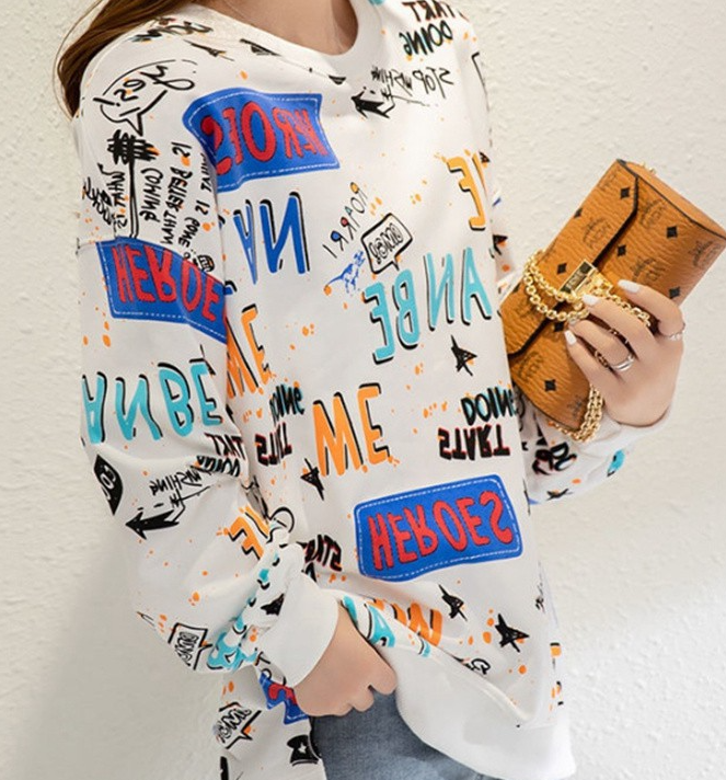 Harajuku Style Full Letter Polyester Loose Long-Sleeved Round Neck Sweater