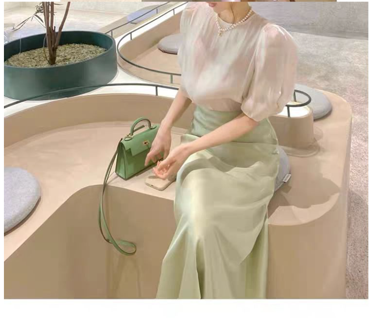 High Waisted Silk Satin Midi Skirt Image 3