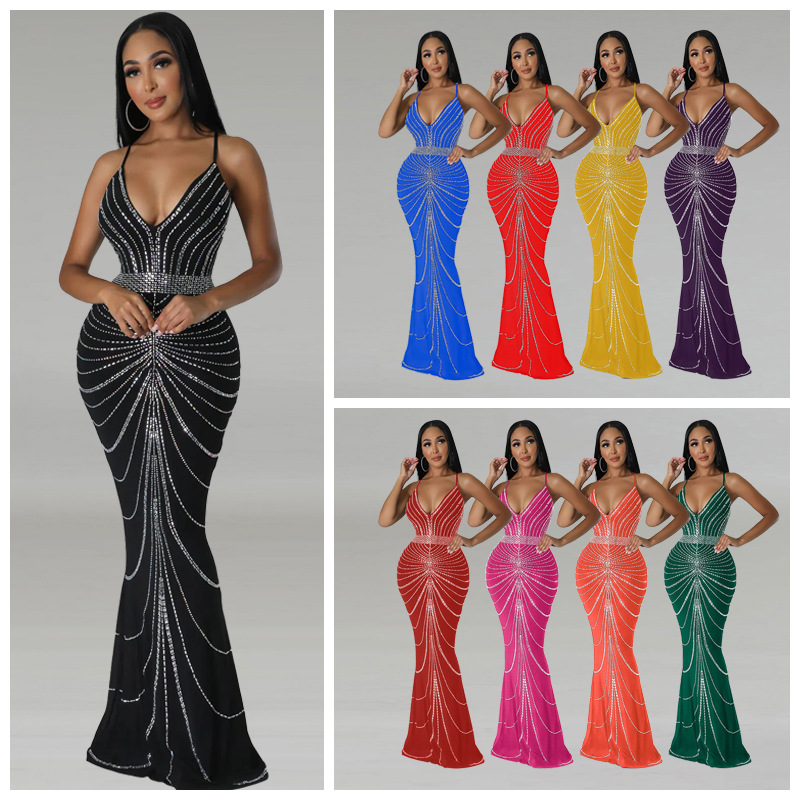 V-neck Rhinestone Nightclub Dress Sling - Side View