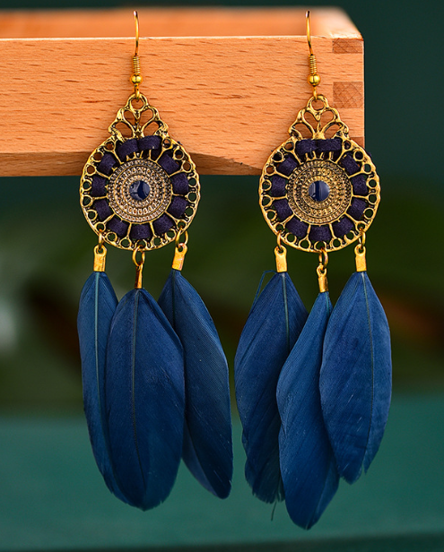 Coffee-colored feather drop earrings
