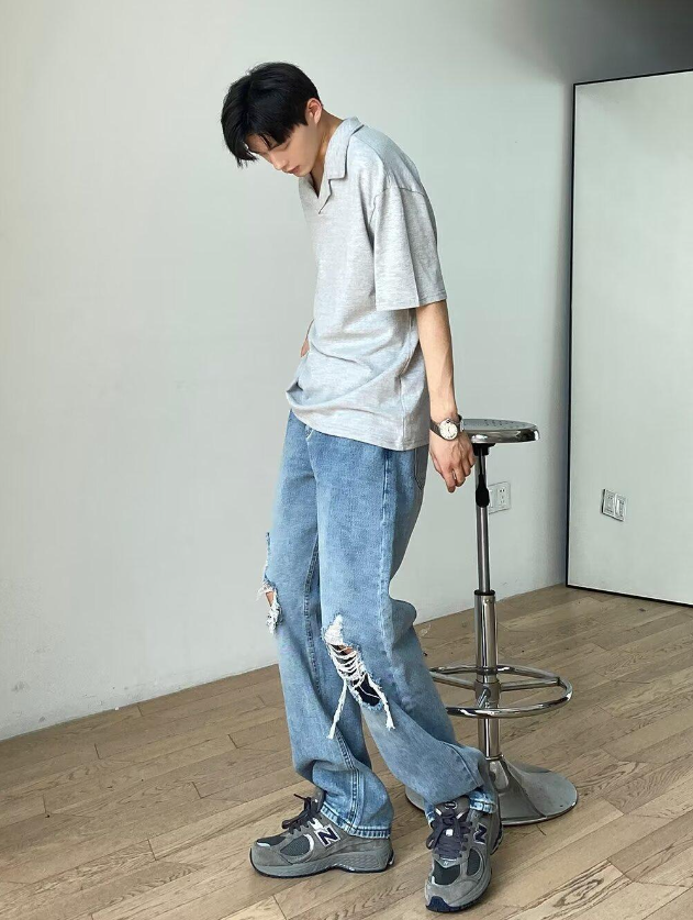 Men's Light Blue Ripped Denim Jeans
