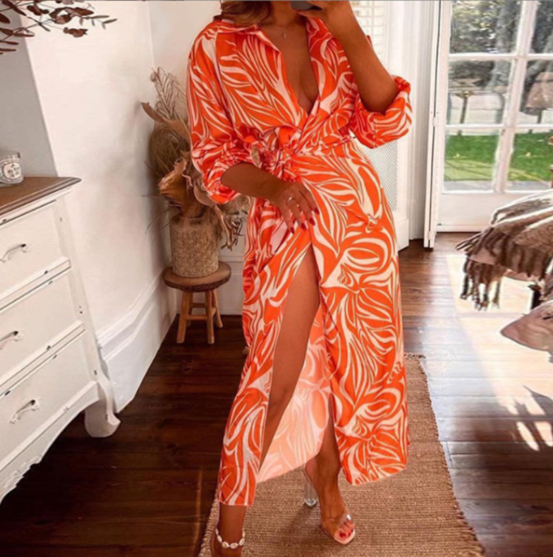 Fashion Print Balloon Sleeve Tie Slit Wrap Dress Image 2