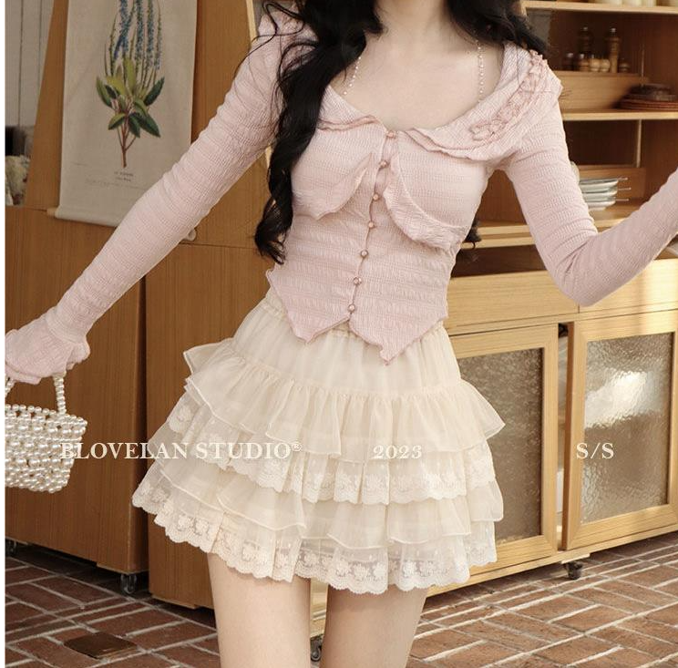 Japanese Women's High Waist Ruffled Chiffon Lace Skirt Image 4