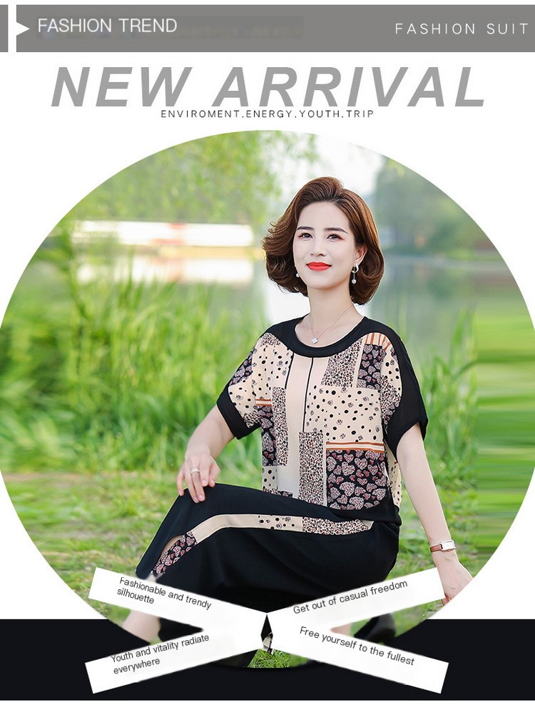 2023 Summer new short sleeve middle-aged and elderly suit female mother's wear plus size high waist cropped wide leg pants two-piece suit fashion