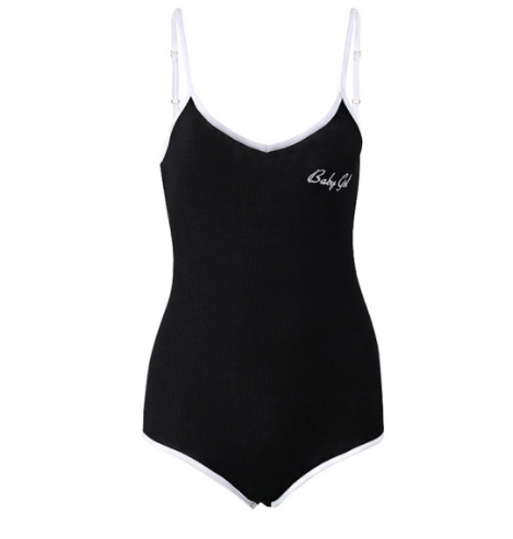 Fashion Embroidered Letter Pattern V-Neck Bodysuit in Black