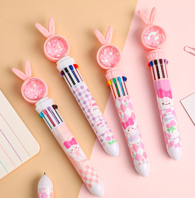 Creative Ten-color Ballpoint Pen Cartoon Sequins Rabbit Learning Office Stationery Multi-color Ballpoint Pen