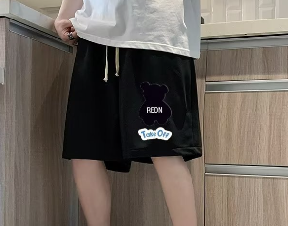 Casual Touch Color Stitching Flocking Bear Shorts