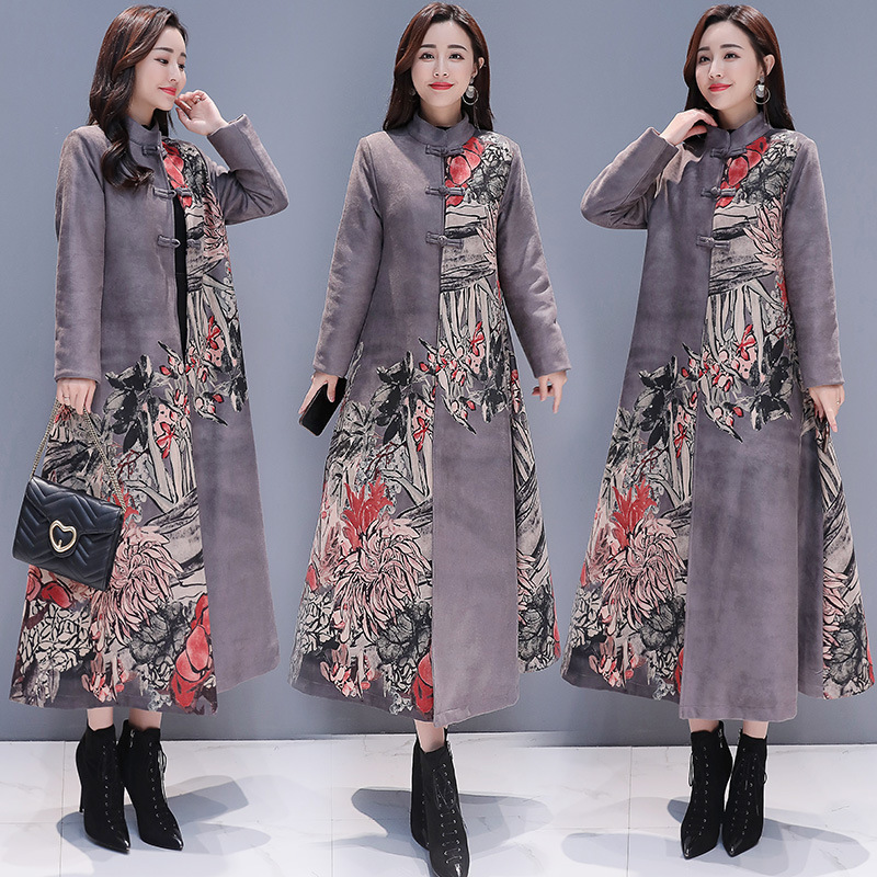 Deerskin printed windbreaker for women, long over the knee, 2019 autumn and winter new Chinese style women's retro ethnic style coat, deerskin printed windbreaker for women, long over the knee, 2019 autumn and winter, women's retro ethnic style coat image