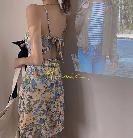 Backless French Floral One-Shoulder Sling Dress
