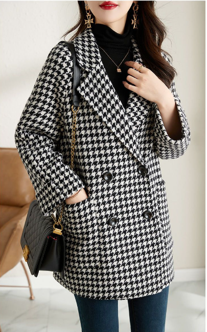 Houndstooth Women's Casual Suit Woolen Coat - Close Up