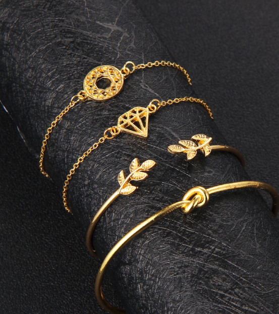 Europe and America Fashion Simple Leaf Diamond Combination 4 Piece Bracelet Set