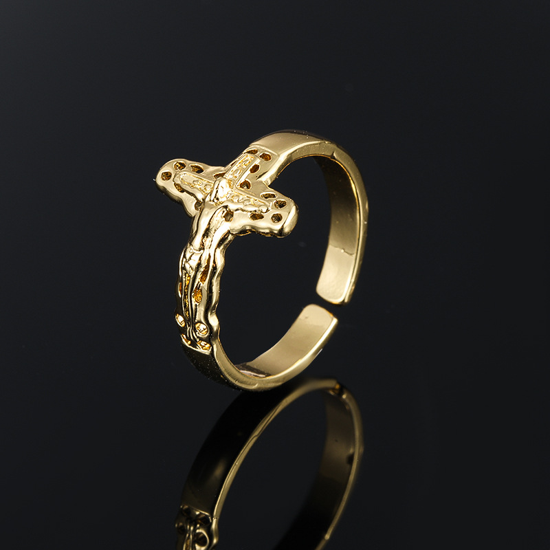 Copper-plated Gold Micro Inlaid Zircon Geometric Simple Ring - Cross