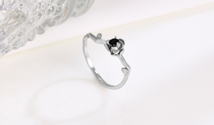 925 Sterling Silver Black Diamond Rose Ring