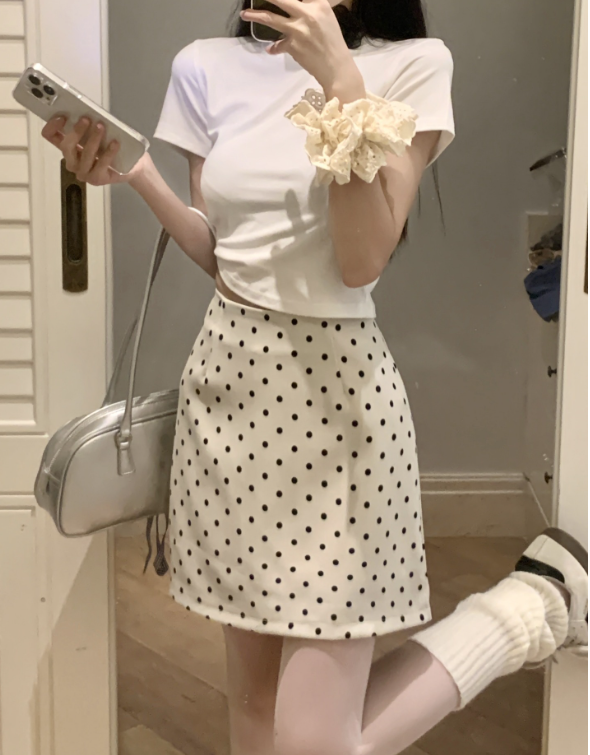 High-Waisted Denim Polka Dot A-Line Skirt - Image 3