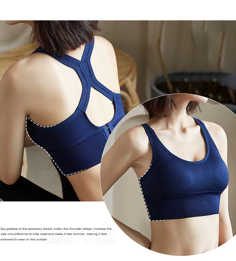 Adult women's imported cotton padded sports bra in navy blue, front and rear views showing fixed double shoulder straps, HS code 6212.10.