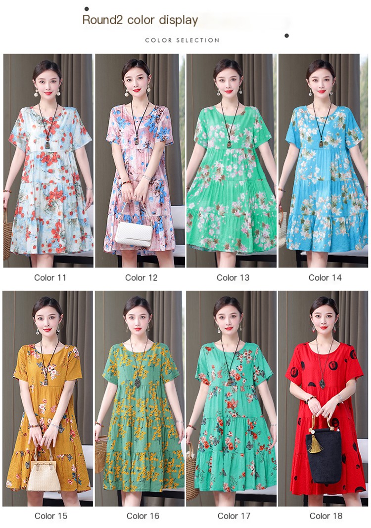 Mom Loose Slim Floral Cotton Silk Dress Summer Dress 2023 New Women's Short Sleeve Stylish Fashion Elegant