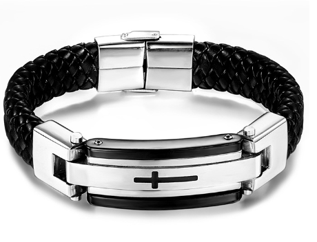 Stainless Steel Vintage Leather Cross Bracelet - Black