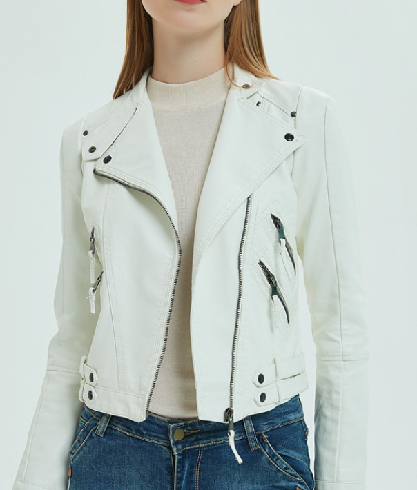 Pu leather white slim with zipper fleece ladies summer jacket