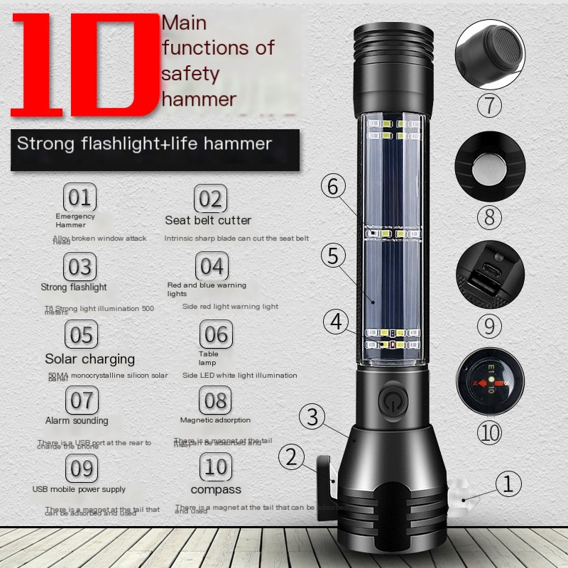 High Power Solar Rechargeable Flashlight with Emergency Hammer feature diagram showing emergency hammer, seat belt cutter, flashlight, warning lights, solar charging, side lamp, alarm, magnetic base, USB power supply and compass, adult unisex aluminum imported flashlight, HS code 8513.10