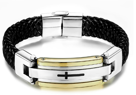 Stainless Steel Vintage Leather Cross Bracelet - Gold