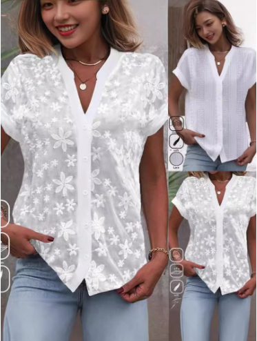 Summer Simple Casual V-neck Blouse - White