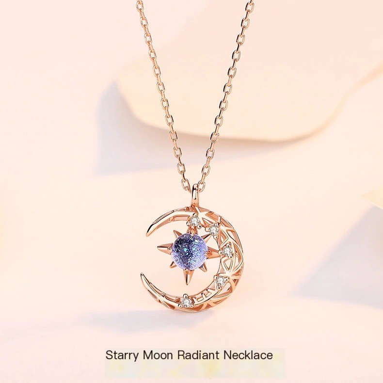 Star and Moon Necklace - White Gold