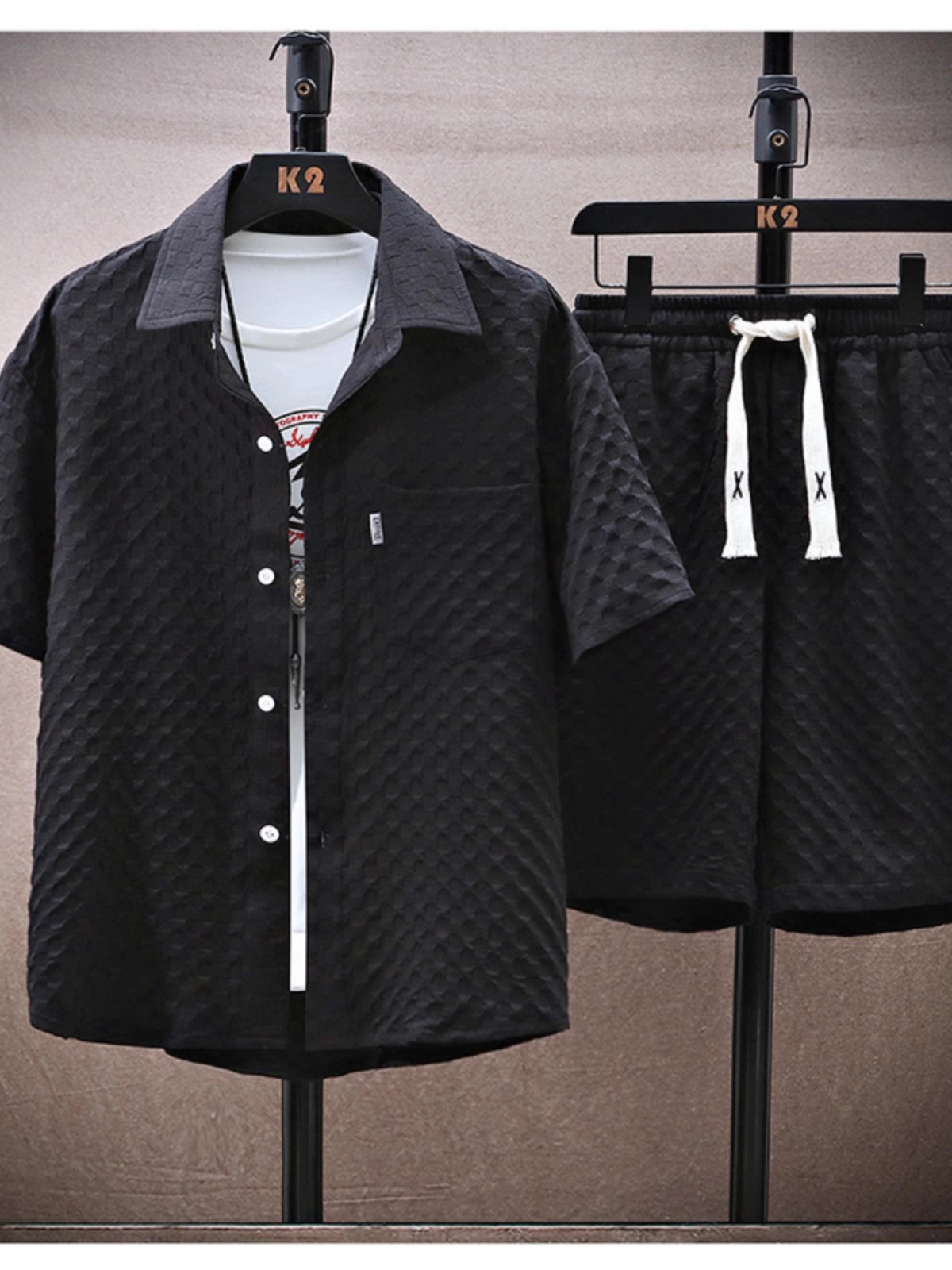 Youth Summer Suit Men's Loose Casual Shirt Short-sleeved Shorts image