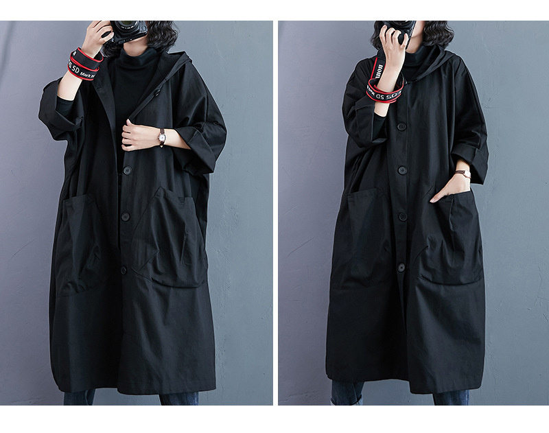 Loose Plus Size Overknee Long Large Pocket Trench Coat - Image 3