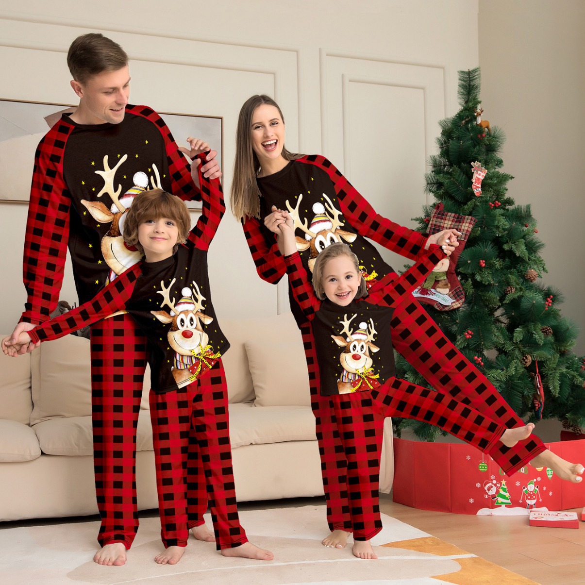 Europe and the United States cross-border fawn cartoon print holiday home clothing Amazon New Plaid Christmas parent-child suit pajamas image