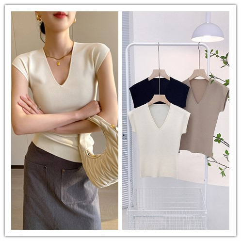 7065 Summer New Arrival French Style Retro Off-white V-neck Flying Sleeve Slim-fit Slimming Cool Breathable Short-sleeved T-shirt for Women image