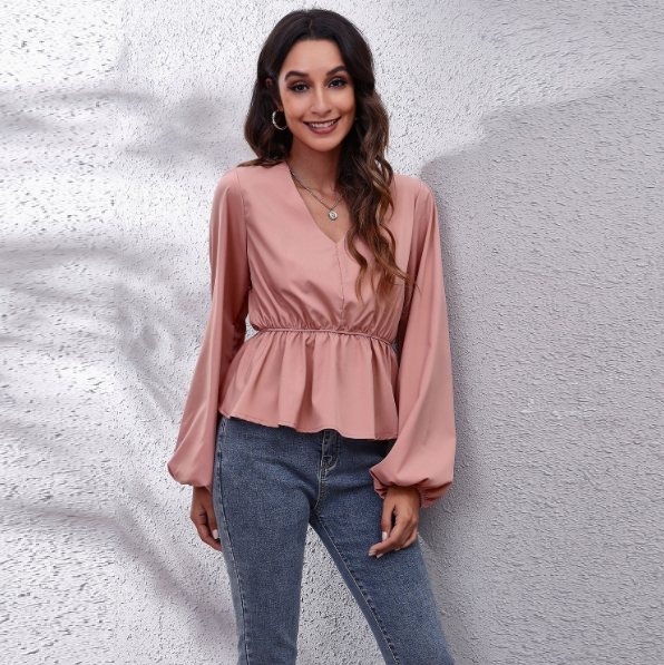 Full view of Lantern Sleeve Chiffon Shirt on model
