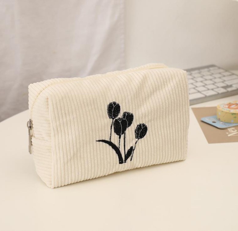 Black Tulip Embroidery Makeup Bag