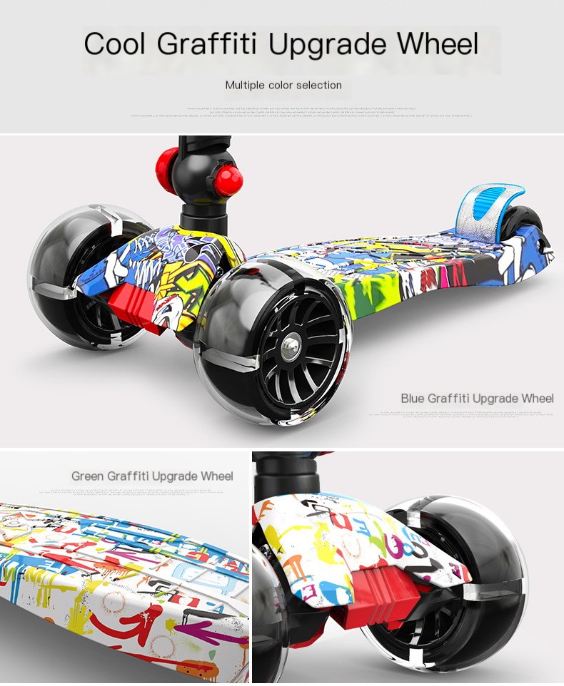 Swiss surfing children folding scooter boys and girls graffiti wide wheel scooter three four-wheel flash pulley