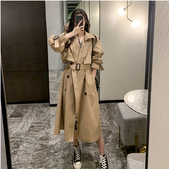Double Breasted Waist Belt Khaki Loose Coat