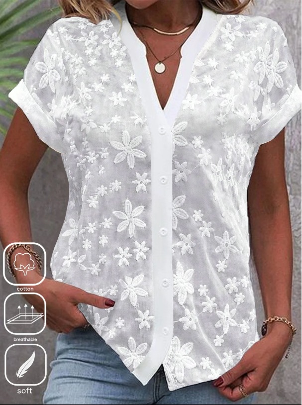 Model Wearing Summer Simple Casual V-neck Blouse