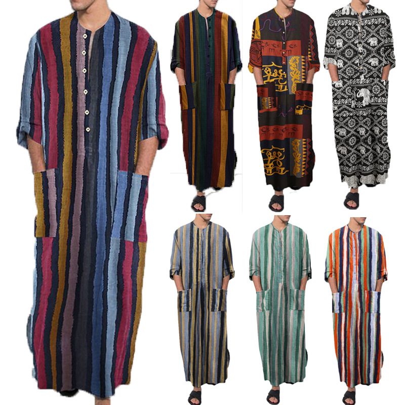 Foreign Trade Spring and Summer New Middle East Clothing Long-sleeved One-piece Arabian Men's Striped Printed Muslim Men's Robe image